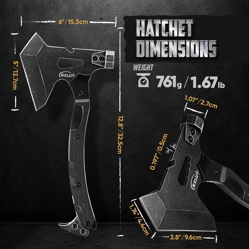 RXLUY Tactical Axe with G10 Handle Camping Survival Hatchet, Multifunctional Outdoor Hiking Heavy Duty Full Tang Tomahawk Tools with Hammer, Unique Design Crowbar, Leather Sheath (Black) - Image 3